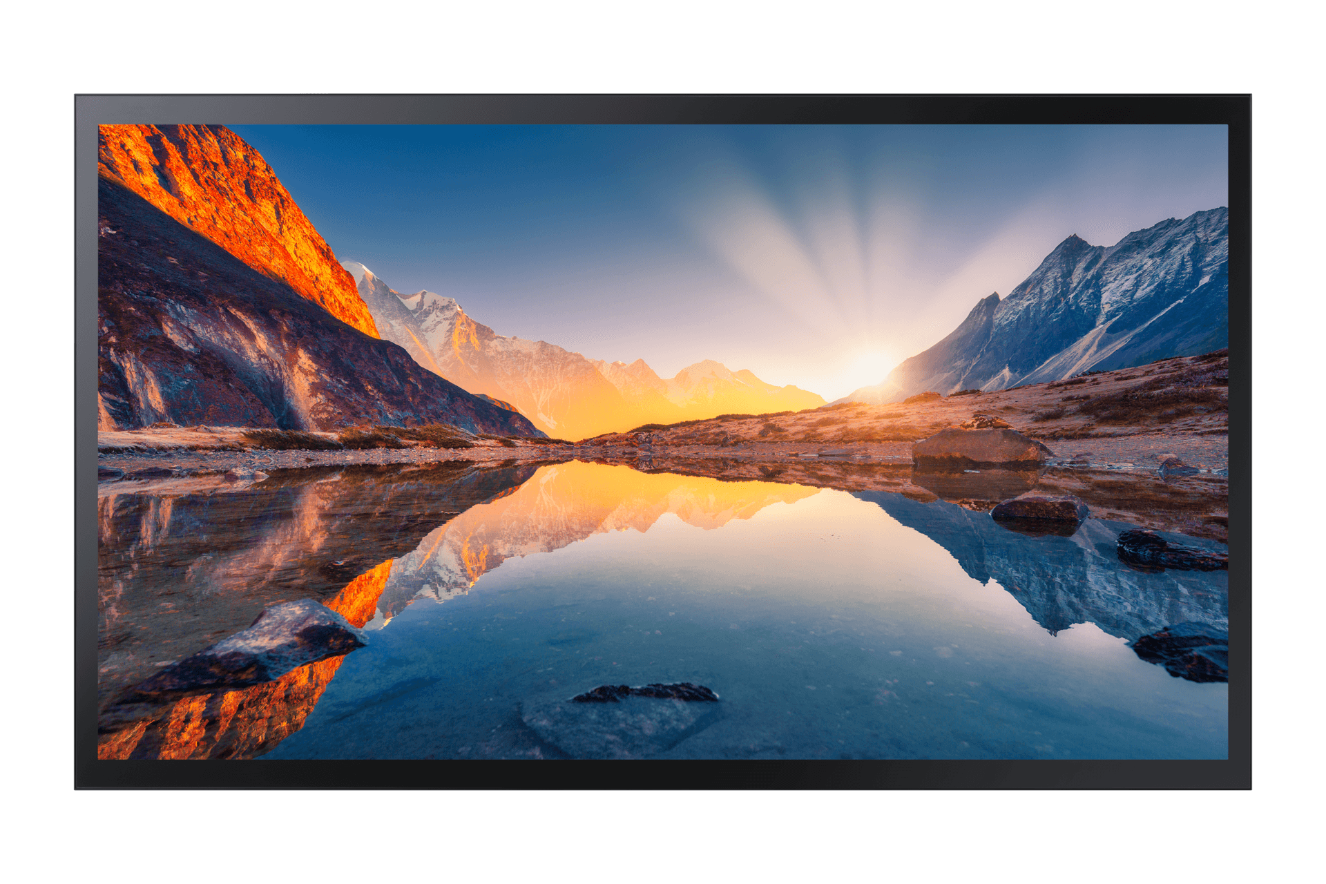 Samsung QM43B-T (LH43QMBTBGCXEN) front view wall-mounted showing 4K UHD landscape image on screen