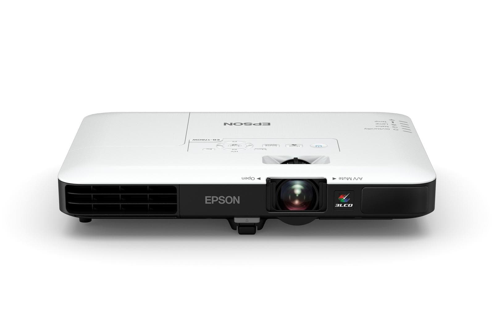 Epson EB-1780W ultra-portable projector seen from above at an angle, showing the white top panel with the EB-1780W model name and the control keypad