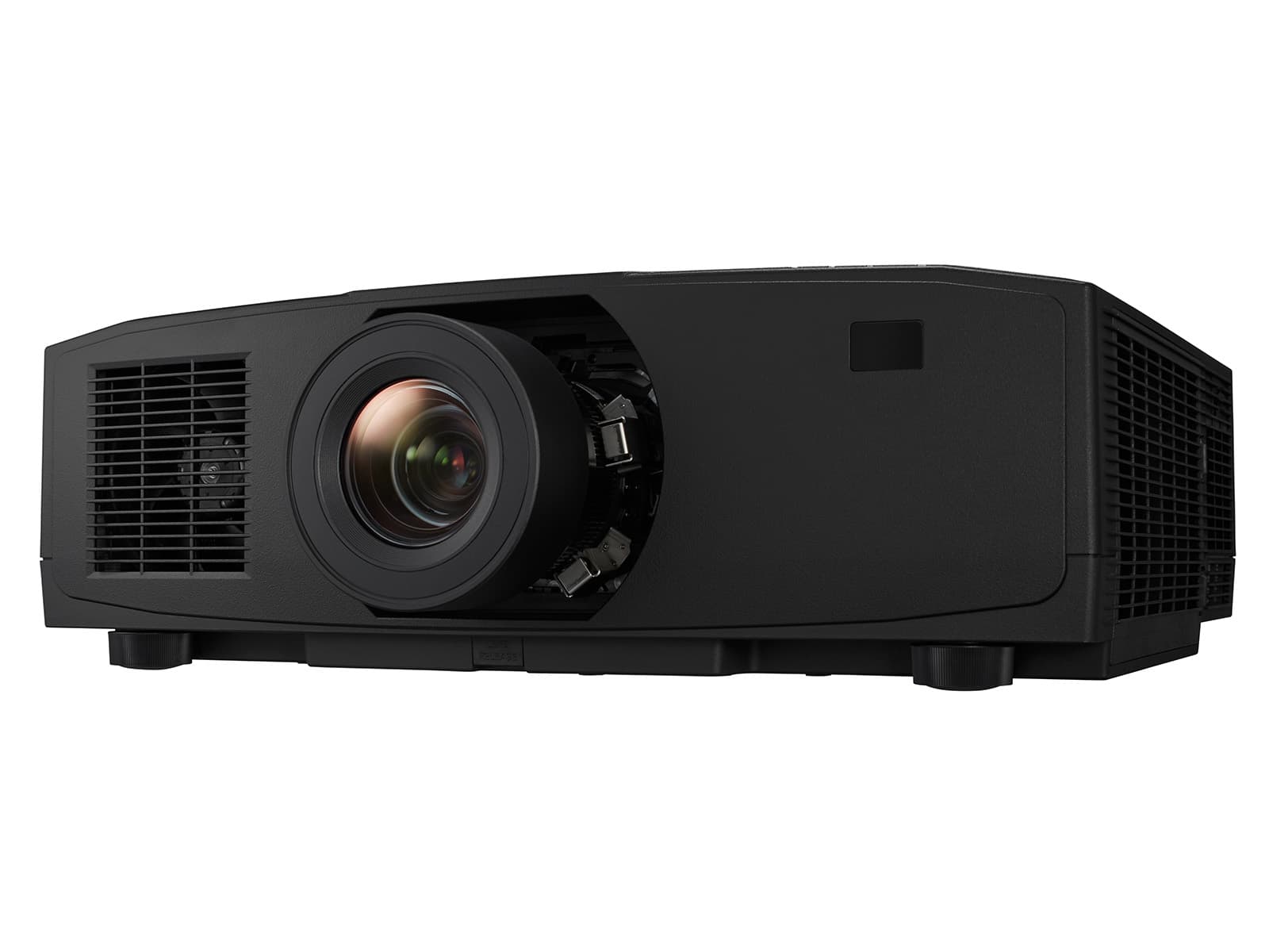 Sharp V801U WUXGA laser installation projector in black, upper three-quarter view with no lens fitted