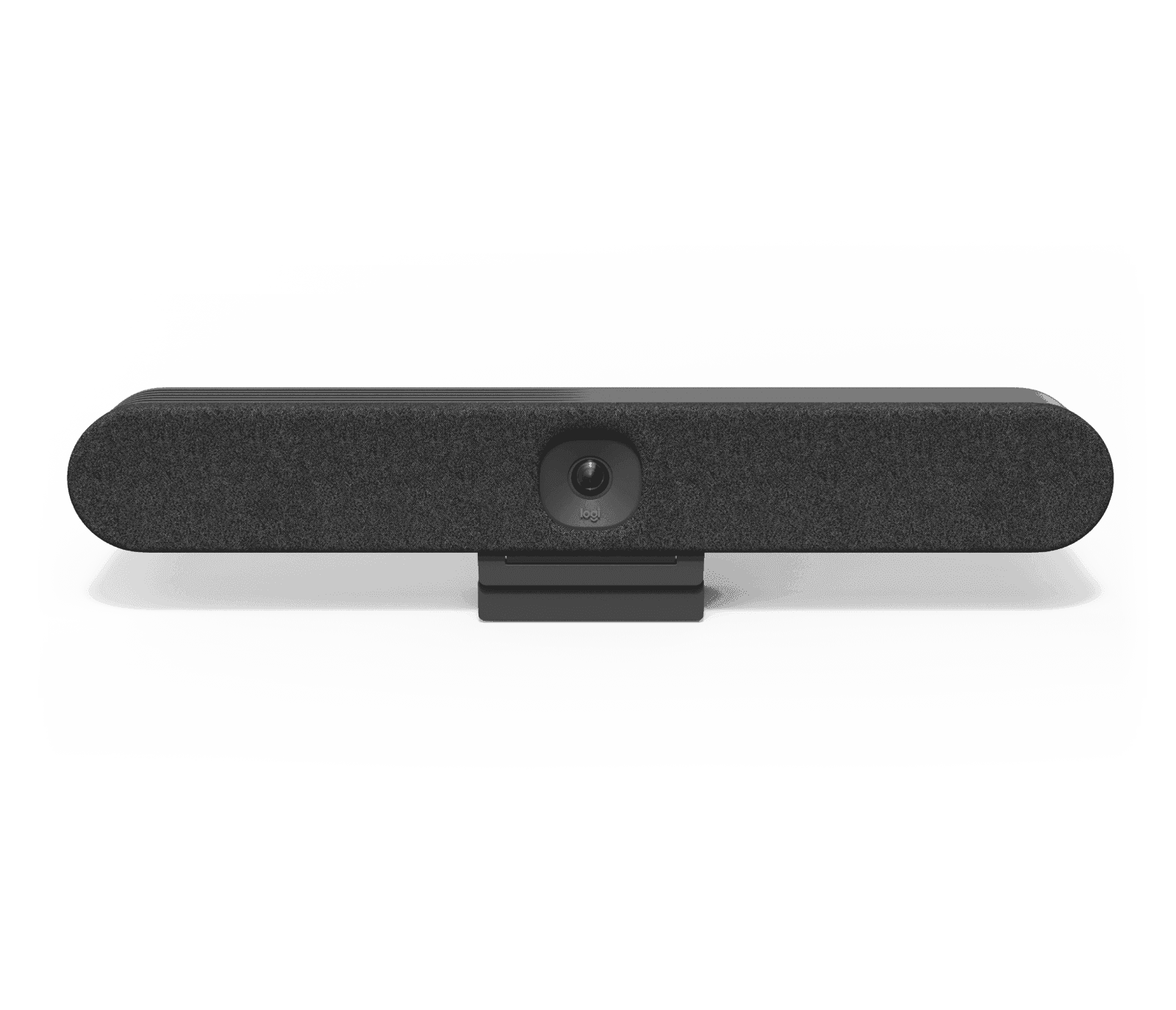 Logitech Rally Bar Huddle in graphite, front view showing the speaker grille and camera