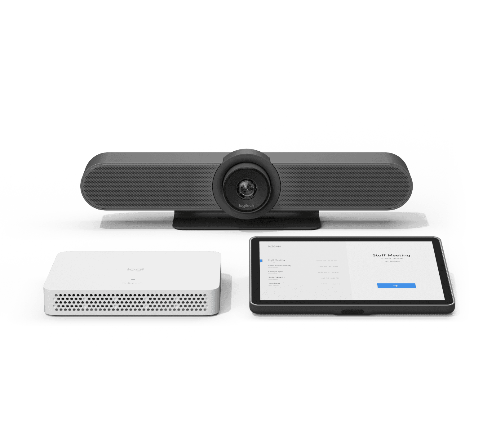 Logitech room solution kit: MeetUp video bar in graphite above the white RoomMate appliance and the Tap IP touch controller showing a room schedule