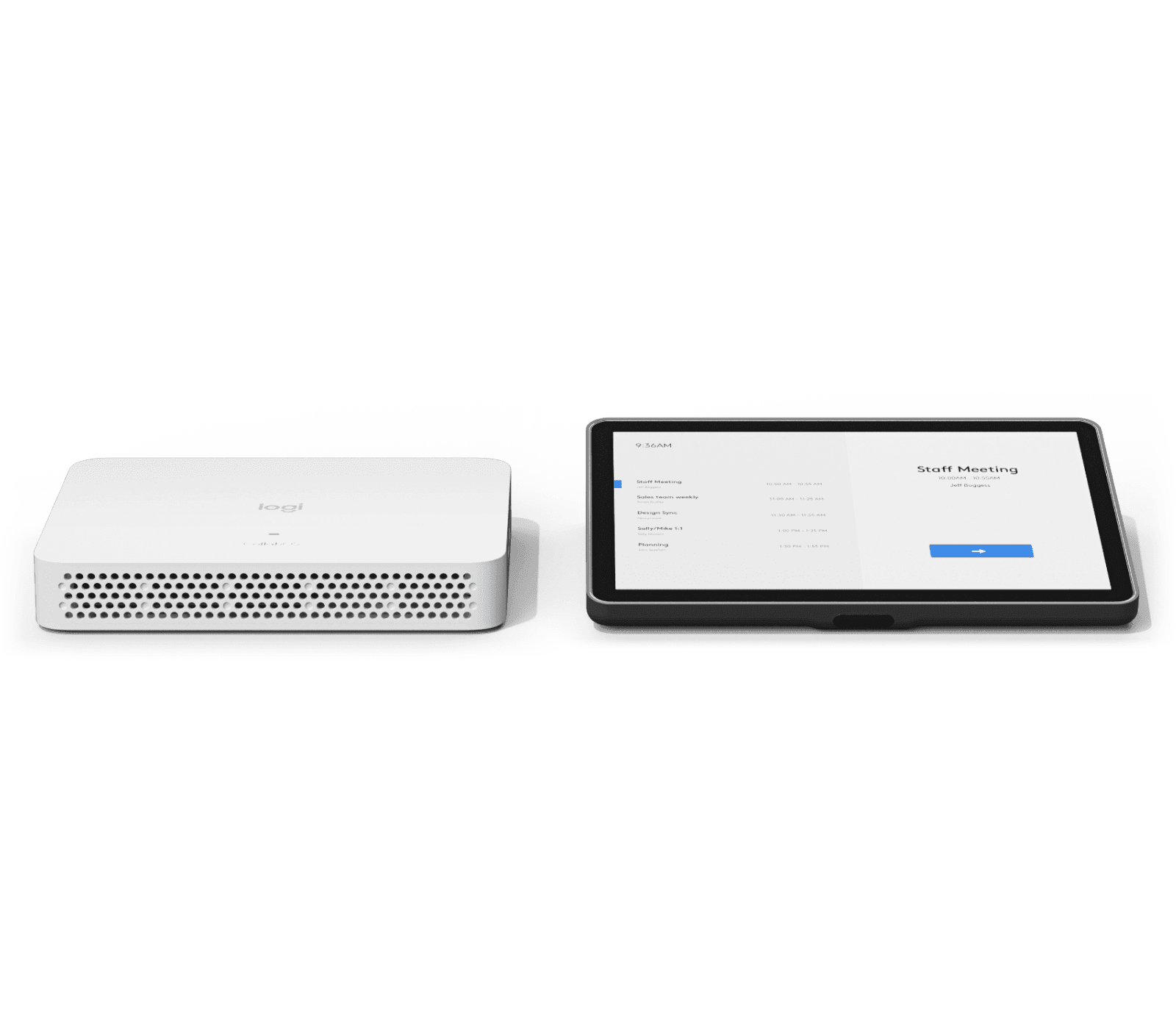 Logitech RoomMate appliance in white beside the graphite Tap IP touch controller showing a room schedule on its screen