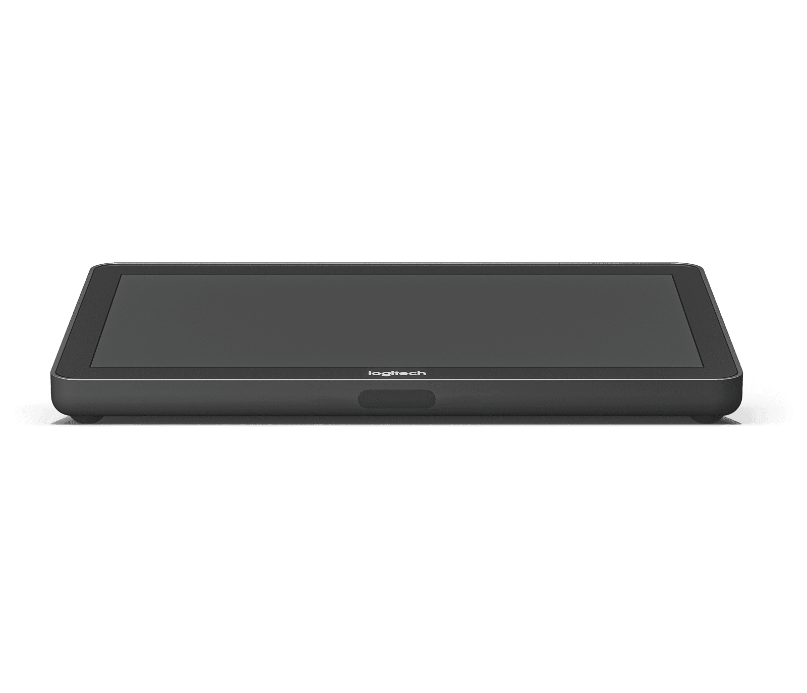 Logitech Tap touch controller in graphite, low front view showing the 10.1 inch screen angled up and the Logitech wordmark below it