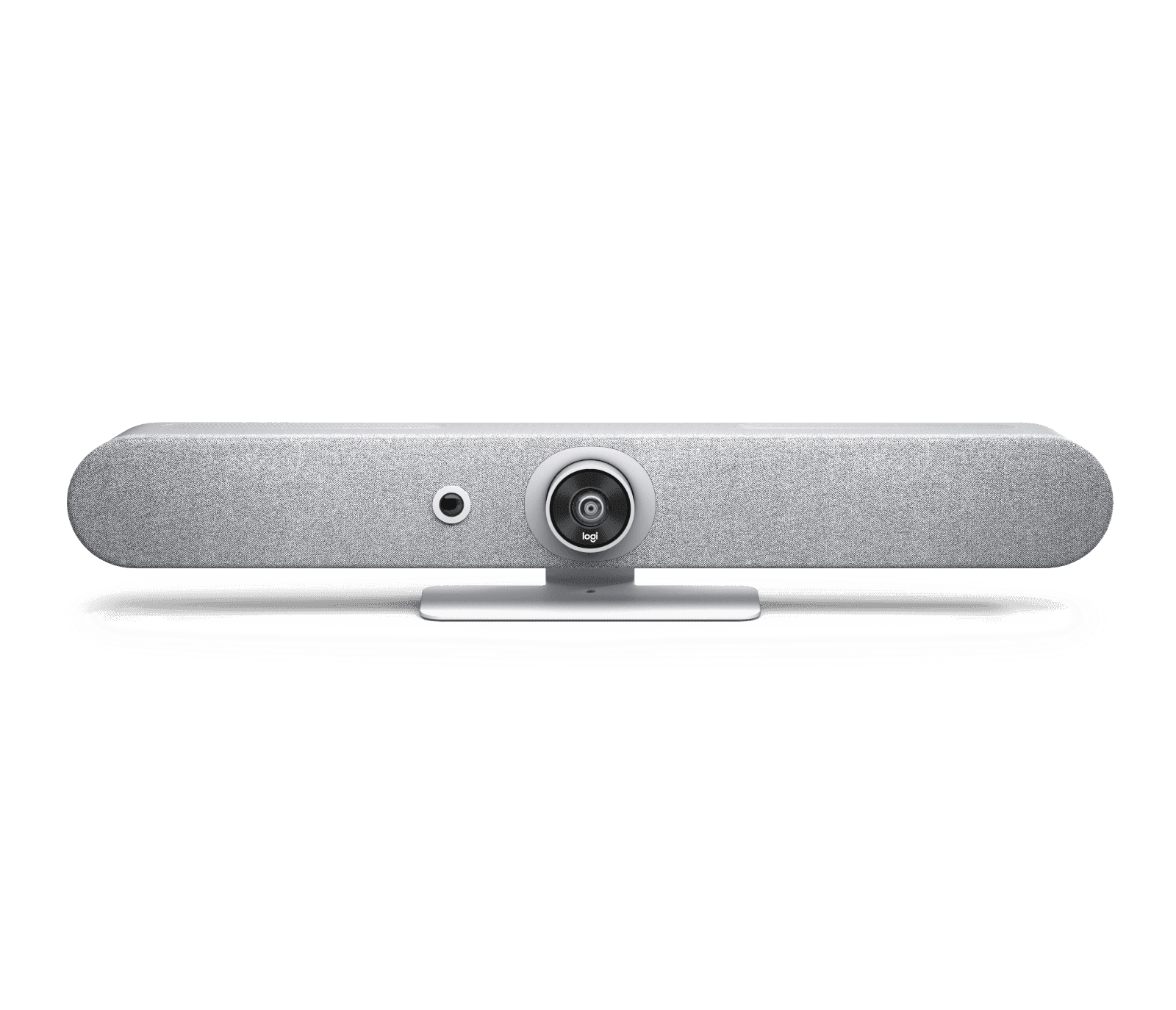 Logitech Rally Bar Mini in white, front view on its table stand showing the fabric grille, camera lens and AI Viewfinder lens