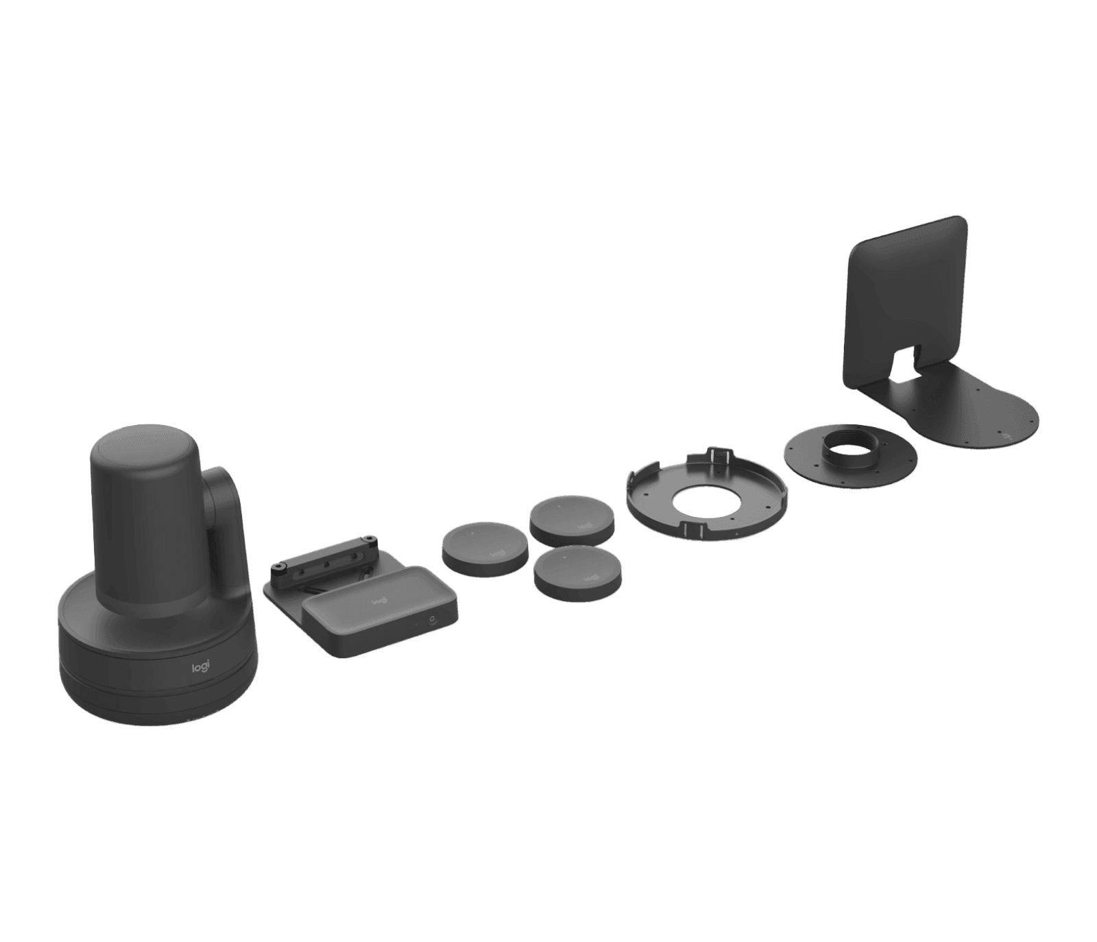 Logitech Rally Camera Streamline Kit components laid out in graphite: the Rally Camera on its Camera Side Base, the Control Side Box on its mounting base, three preset buttons, the twist-to-lock plate, the NPT adapter plate and the wall mount