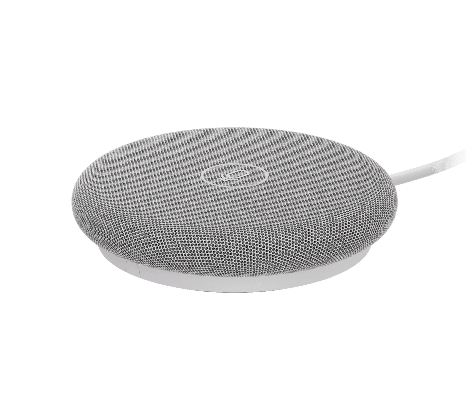 Logitech Rally Mic Pod 2 in off-white, three-quarter view showing the mesh fabric top, central mute icon and the attached off-white cable