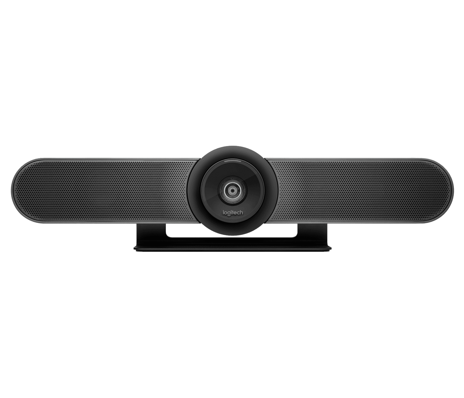 Logitech MeetUp all-in-one conference camera supplied in this kit, front view on its integrated table stand