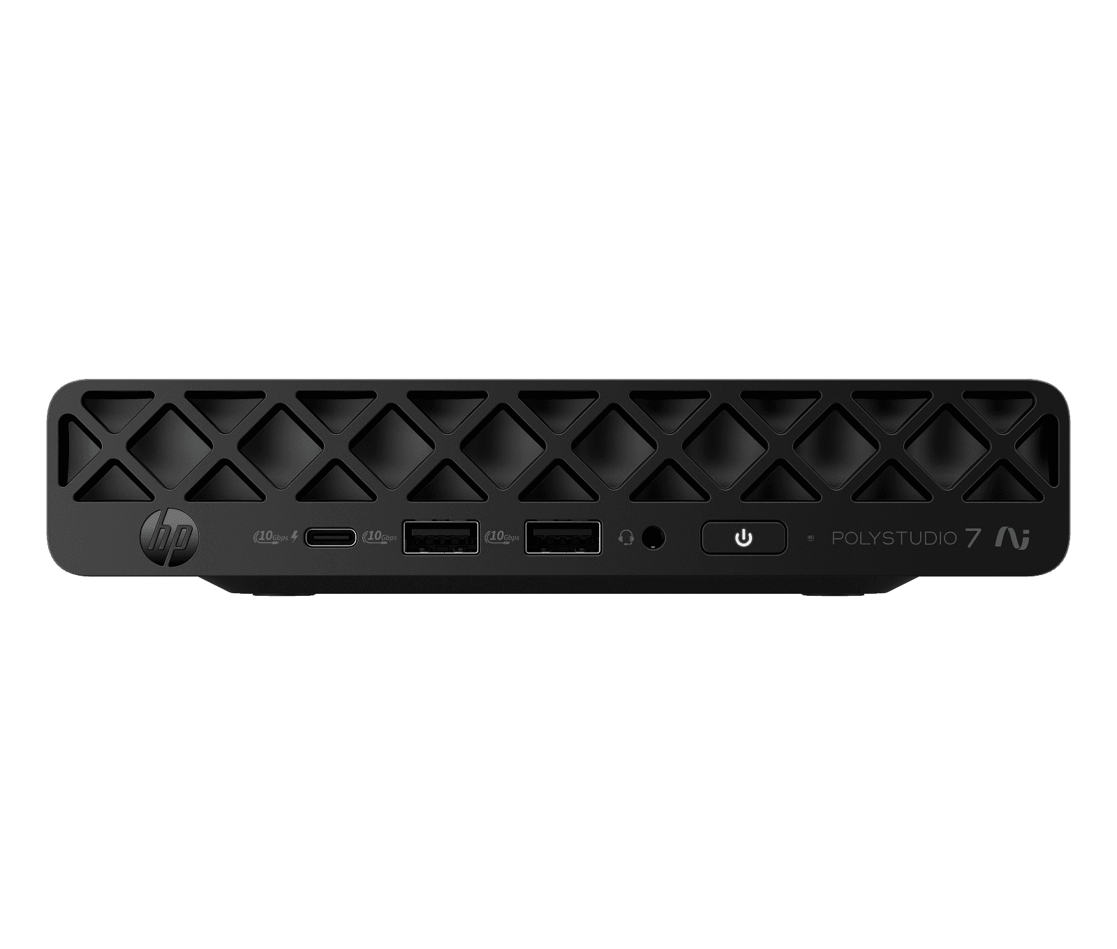 HP Poly Studio 7 Room Compute, front view of the jet-black mini PC showing the diamond-pattern vent grille, USB Type-C and two USB Type-A ports, headset jack, power button and POLYSTUDIO 7 AI marking