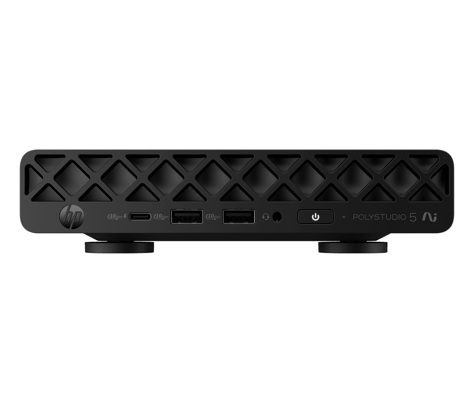 HP Poly Studio 5 Room Compute, front view of the jet-black mini PC showing the diamond-pattern vent grille, USB Type-C and two USB Type-A ports, headset jack, power button and POLYSTUDIO 5 AI marking