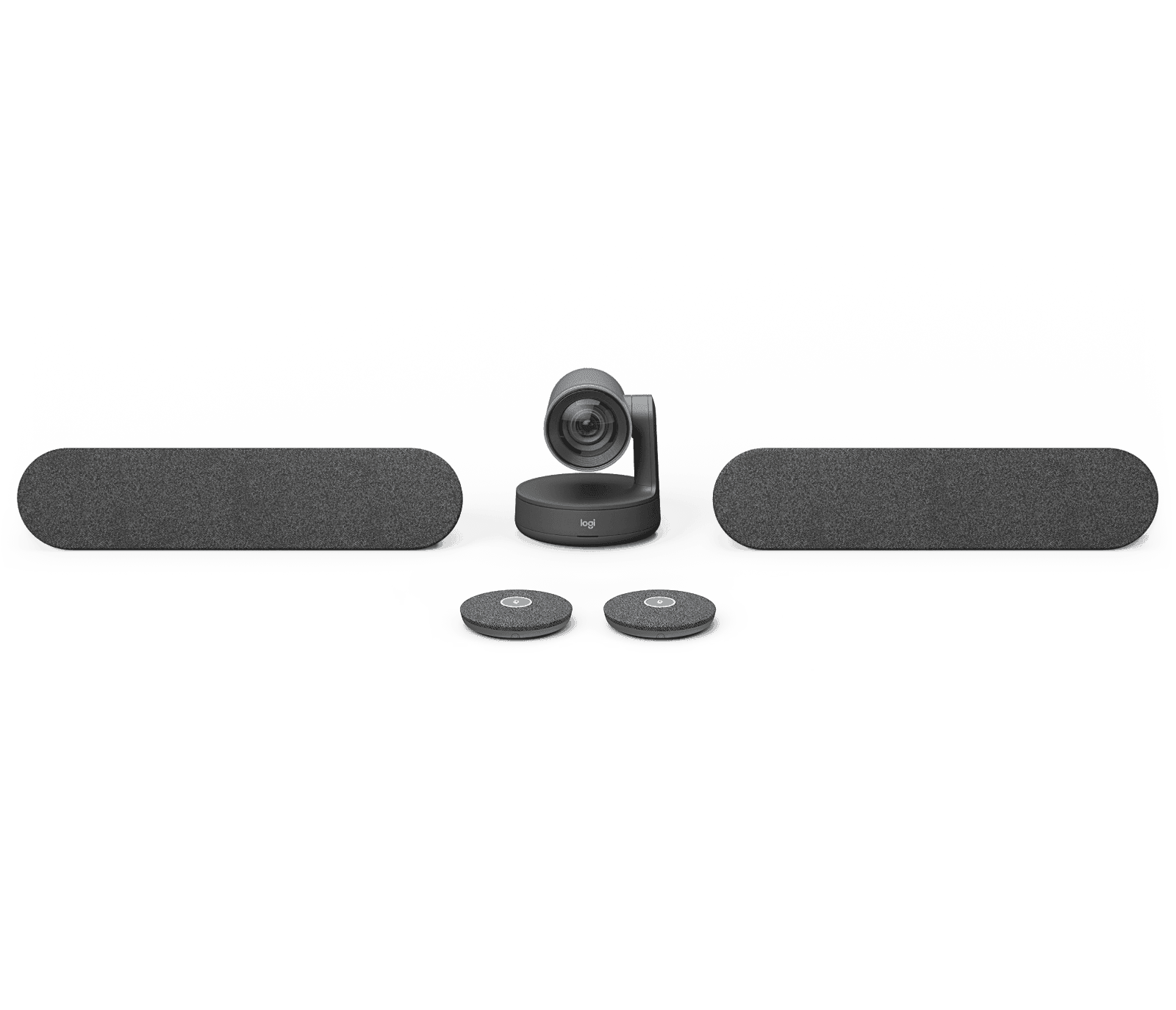 The Logitech Rally Plus components supplied in this kit: PTZ camera, two speakers and two mic pods