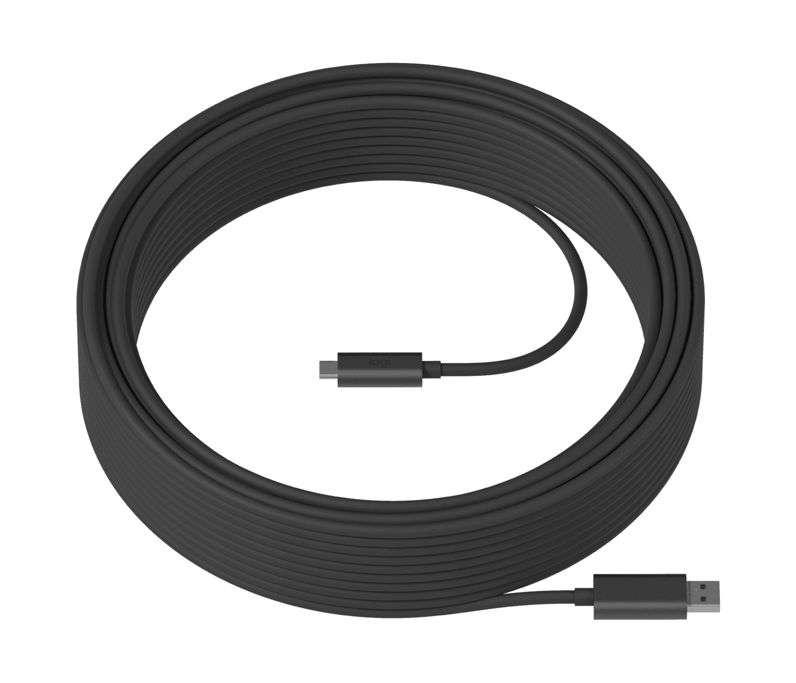 Logitech Strong USB active optical cable coiled, showing the flat black jacket with the USB Type-C connector at one end and the USB Type-A connector at the other