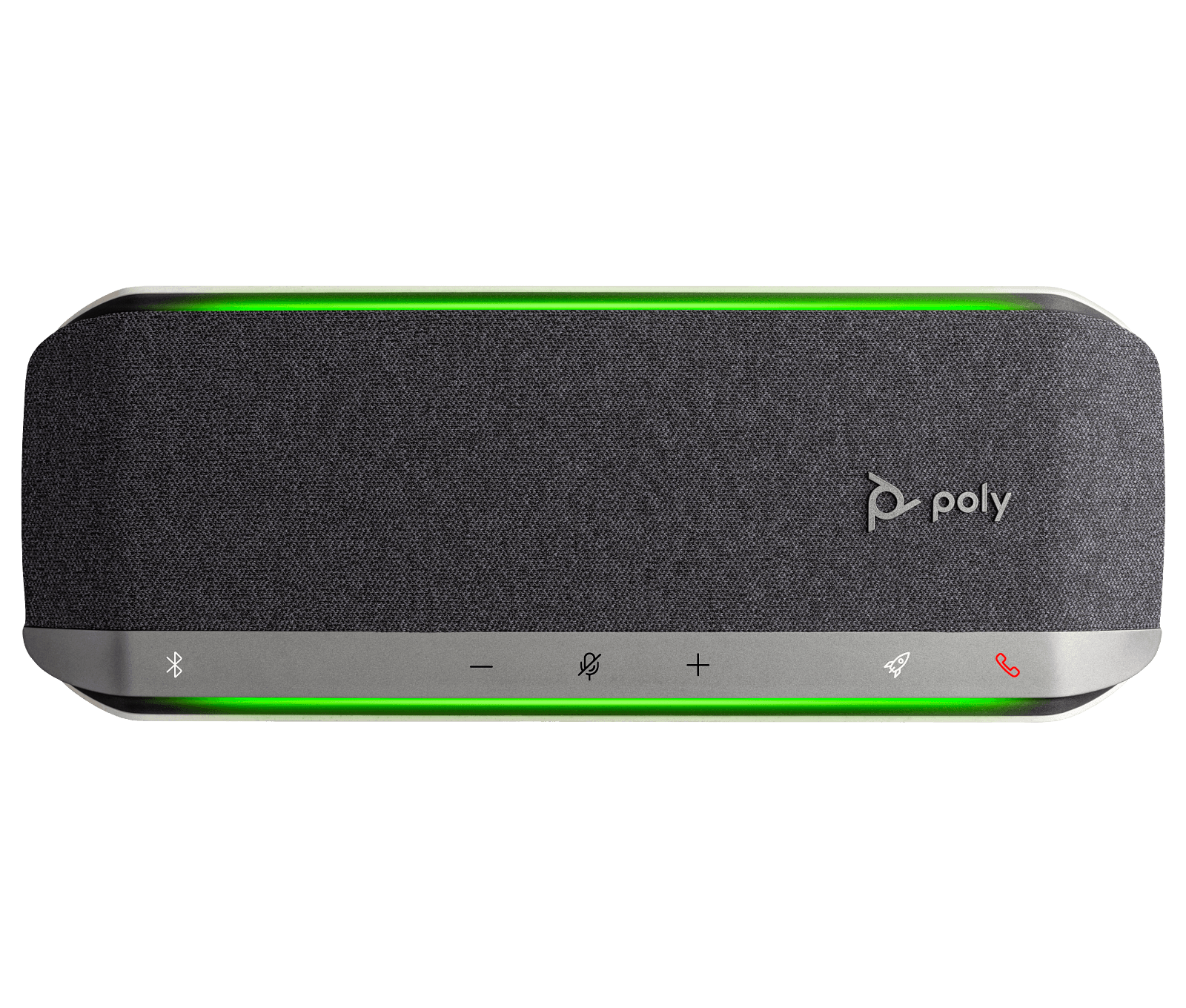 Poly Sync 40 speakerphone seen from above, showing the dark fabric grille, the silver touch-control strip with Bluetooth, volume, mute, daisy-chain and call keys, and the green status light bar