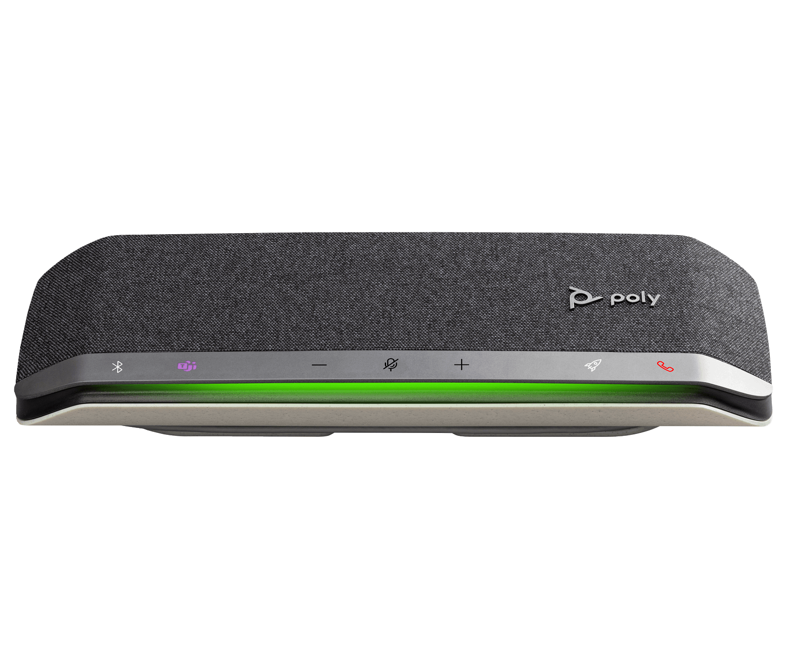 Poly Sync 40-M speakerphone, front view; the touch strip includes the purple Microsoft Teams key alongside the Bluetooth, volume, mute and call controls
