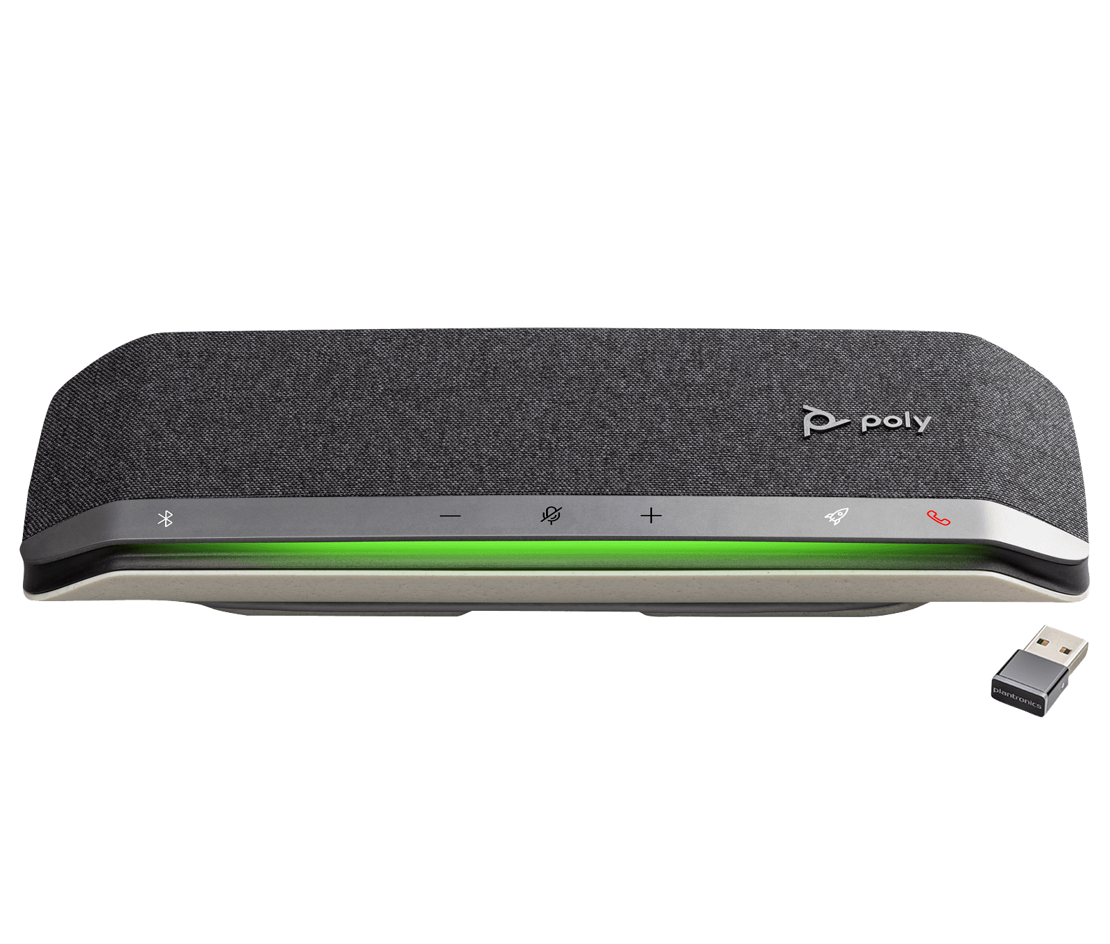 Poly Sync 40+ speakerphone, front view with the green status light bar, shown next to the bundled BT700 USB-A Bluetooth adapter; the touch strip has no Microsoft Teams key