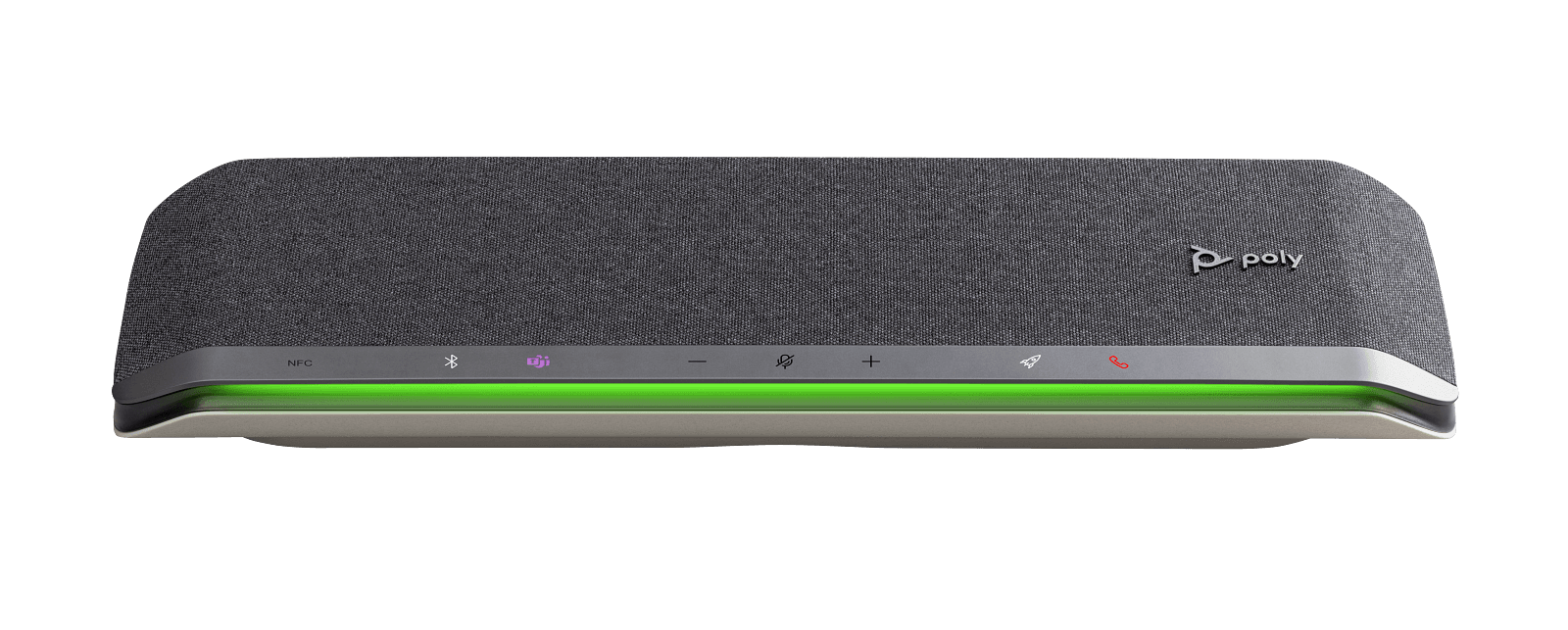 Poly Sync 60-M conference speakerphone, front view with the green status light bar; the touch strip includes the purple Microsoft Teams key