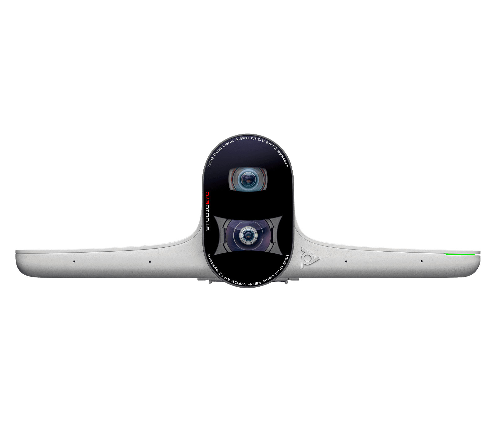 Poly Studio E70 in white, front view showing the dual-lens camera module raised above the wide bar chassis - the camera supplied in this kit
