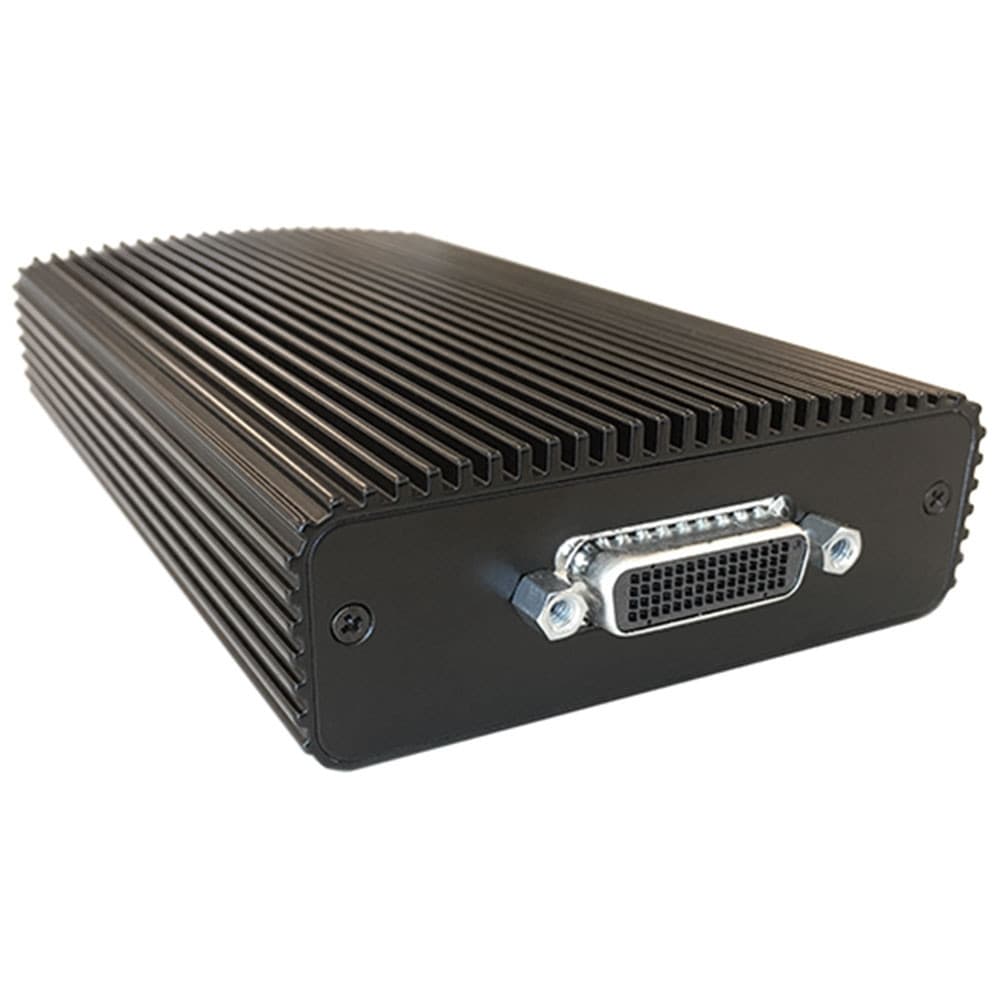 A single Polycom EagleEye Digital Extender unit on a white background: a black finned aluminium enclosure with an HDCI connector, secured by thumbscrews, on its end panel. The product is supplied as a transmitter and receiver pair; this photograph shows one of the two units.
