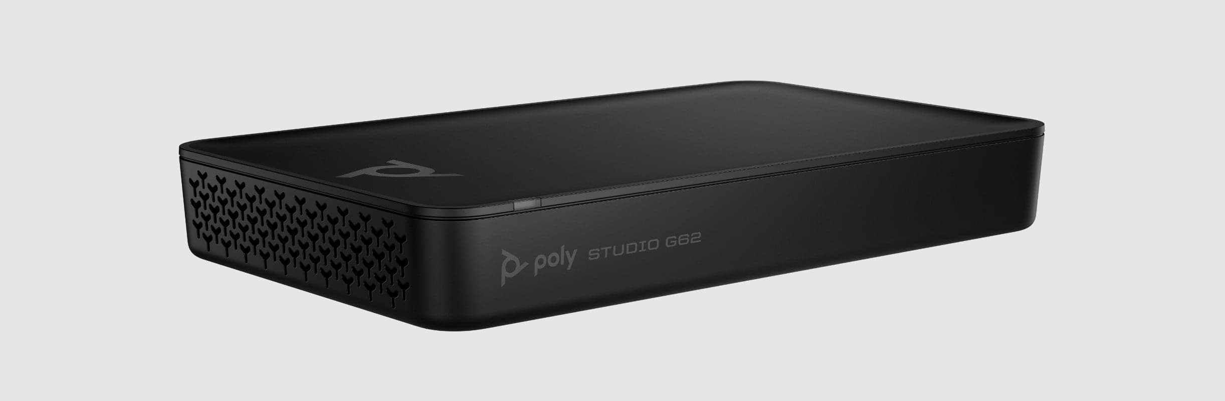 Poly Studio G62 codec in black, angled view showing the vented side panel and the Poly Studio G62 badge