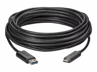 Poly active optical USB 3.1 cable coiled on a white background, with the USB Type-A connector at the lower left and the slim-shell USB Type-C connector at the lower right, both connector housings marked Poly.
