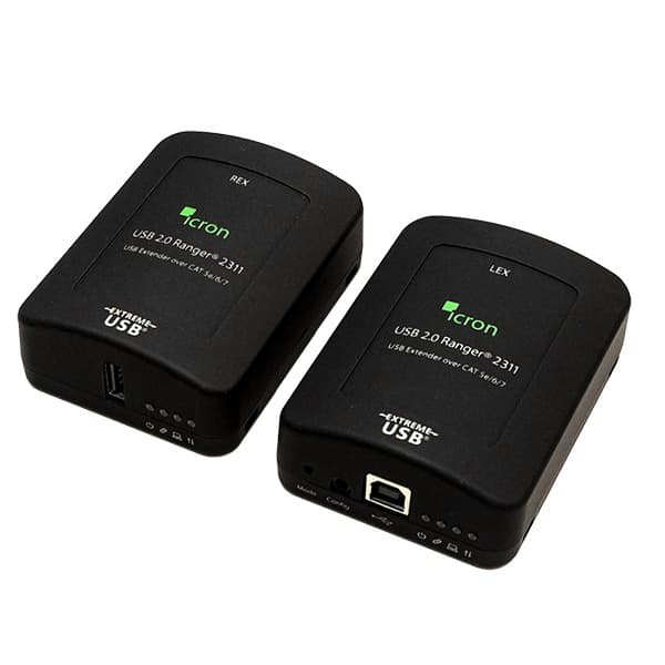 The two units supplied in the Poly USB extender kit, on a white background: the REX remote extender with a USB Type-A socket, and the LEX local extender with a USB Type-B socket. Poly supplies this kit as the Icron USB 2.0 Ranger 2311, and both units carry Icron branding and the label USB Extender over CAT 5e/6/7 as shown.