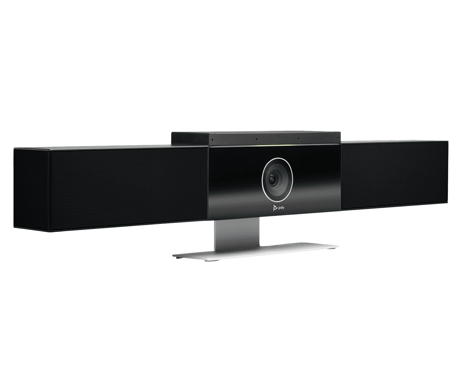Poly Studio USB video bar in black on its desk stand - the conferencing camera component supplied in this bundle