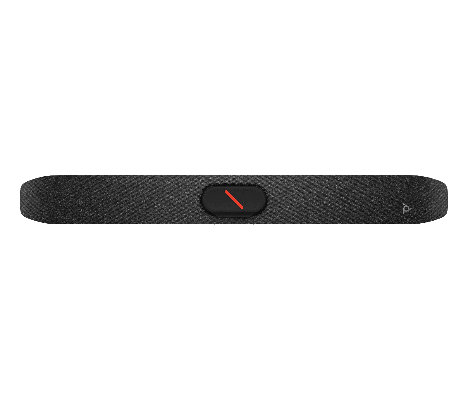 Poly Studio V12 video bar seen head on, dark acoustic fabric front with the red removable privacy cap fitted over the camera