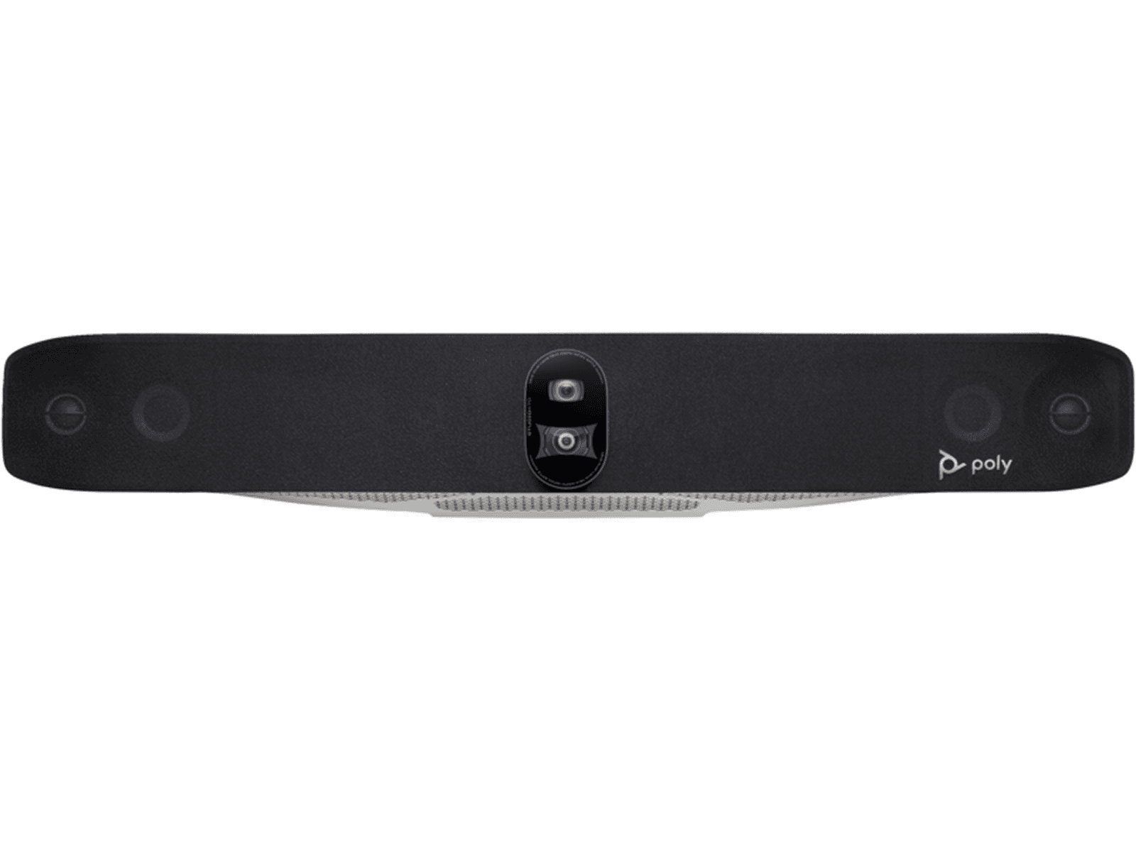 Poly Studio X70 all-in-one video bar in black seen head on, with the dual-lens camera module centred between the speaker grilles and the vented lower edge