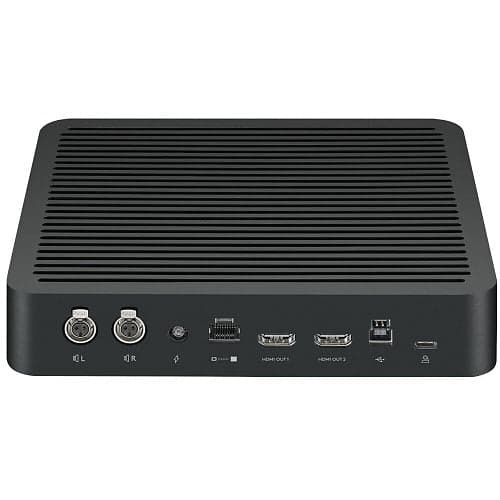 Logitech Rally Display Hub on a white background, showing the black finned chassis and its connector panel: two mini-XLR speaker outputs marked L and R, power input, an RJ45 link socket for the Rally Table Hub, HDMI OUT 1 and HDMI OUT 2, and USB Type-B and USB Type-C ports.