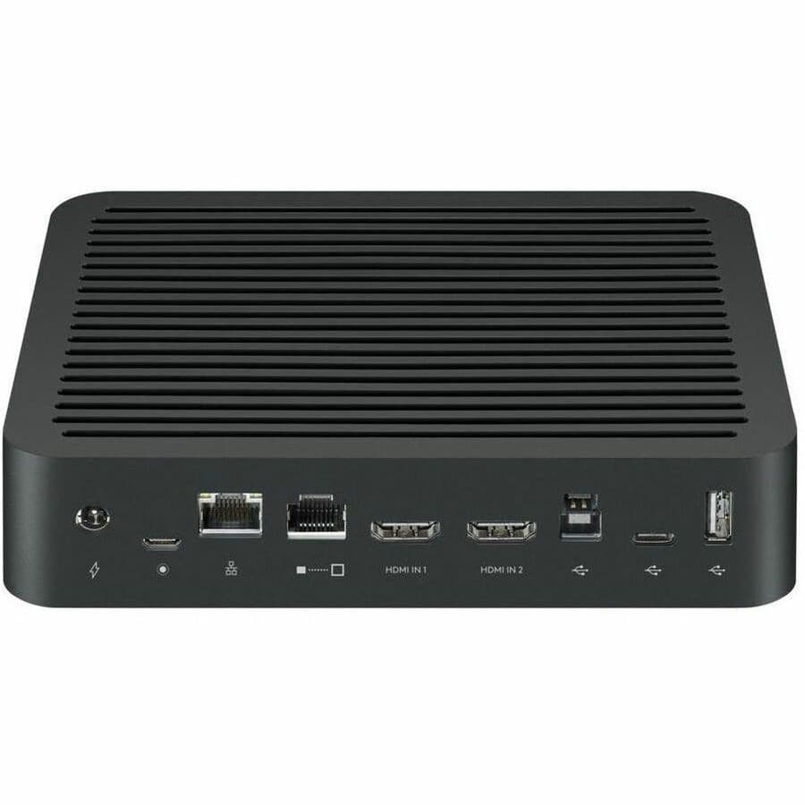 Logitech Rally Table Hub on a white background, showing the black finned chassis and its connector panel: power input, two RJ45 sockets, HDMI IN 1 and HDMI IN 2, and USB Type-B, USB Type-C and USB Type-A ports.