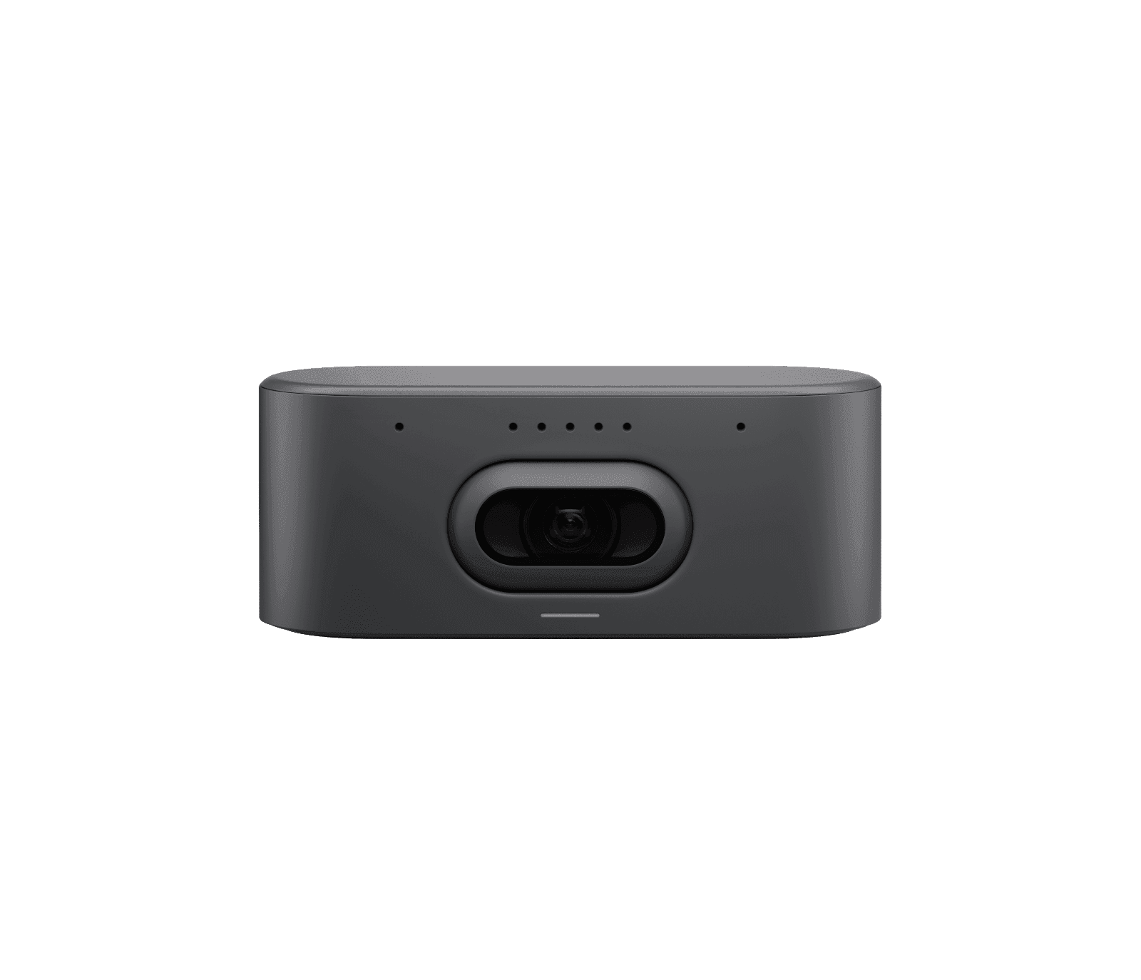 Logitech Rally AI Camera in graphite, front view of the low-profile body with the single wide lens behind an oval bezel and the microphone ports along the top edge