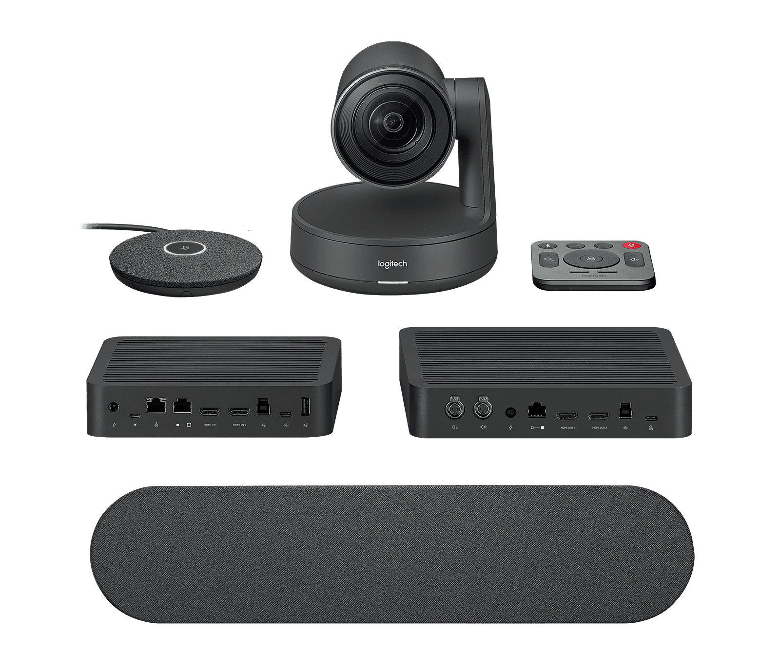The Logitech Rally kit laid out: PTZ camera in the centre with one Rally Mic Pod and the RF remote either side, the Table Hub and Display Hub below, and one Rally Speaker along the bottom