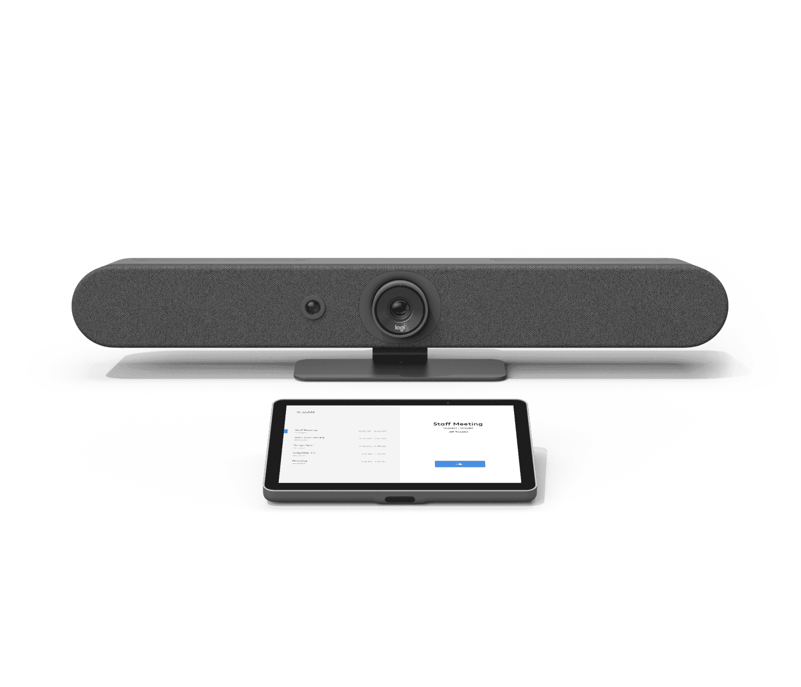 The kit as supplied: the Logitech Rally Bar Mini video bar in graphite on its table stand, with the Logitech Tap IP touch controller lying flat in front of it showing a meeting list