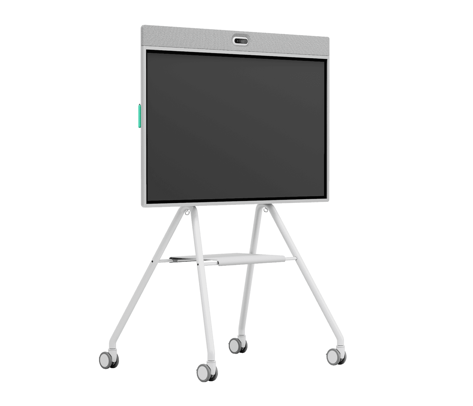 The off-white Logitech Rally Board 65 Cart, three-quarter front view, shown with a Rally Board 65 fitted in the camera-high orientation. The Rally Board 65 is sold separately.