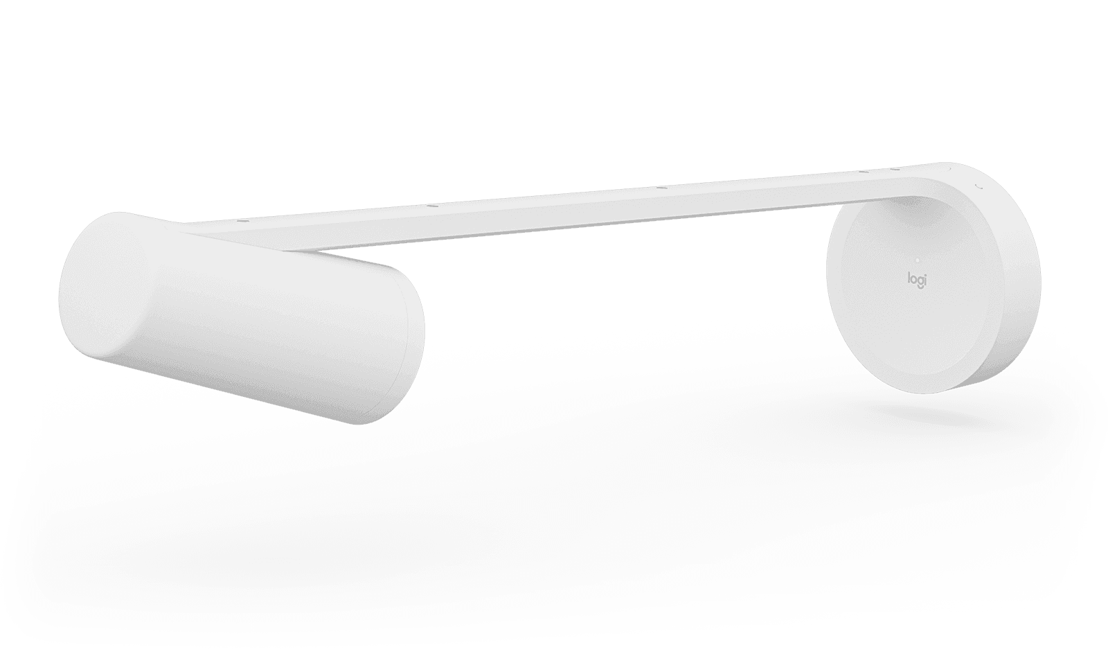 Logitech Scribe camera in white, viewed from the front along the mounting arm with the camera head at the left