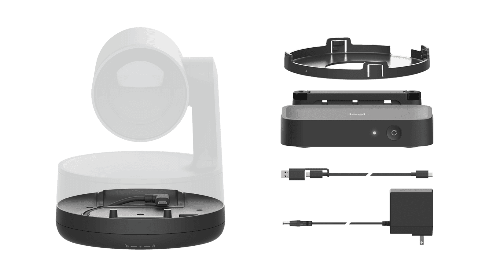 Logitech Rally Camera Extension Kit contents: the camera side base with a ghosted outline of the Rally Camera that sits on it, the twist-to-lock mounting plate, the control side box with its status LED and reboot button, the USB cable and the power adapter