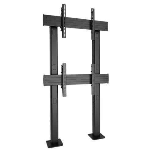 Chief LBM1X2U bolt-down freestanding video wall stand shown in black with no displays fitted: two vertical uprights on rectangular floor base plates carrying two horizontal display rails, one above the other, for a landscape 1x2 array.