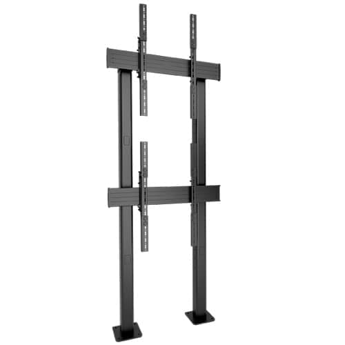 Chief LBM1X2UP bolt-down freestanding video wall stand shown in black with no displays fitted: two tall uprights on floor base plates carrying two horizontal rails fitted with long portrait display interface brackets for a stacked 1x2 portrait array.