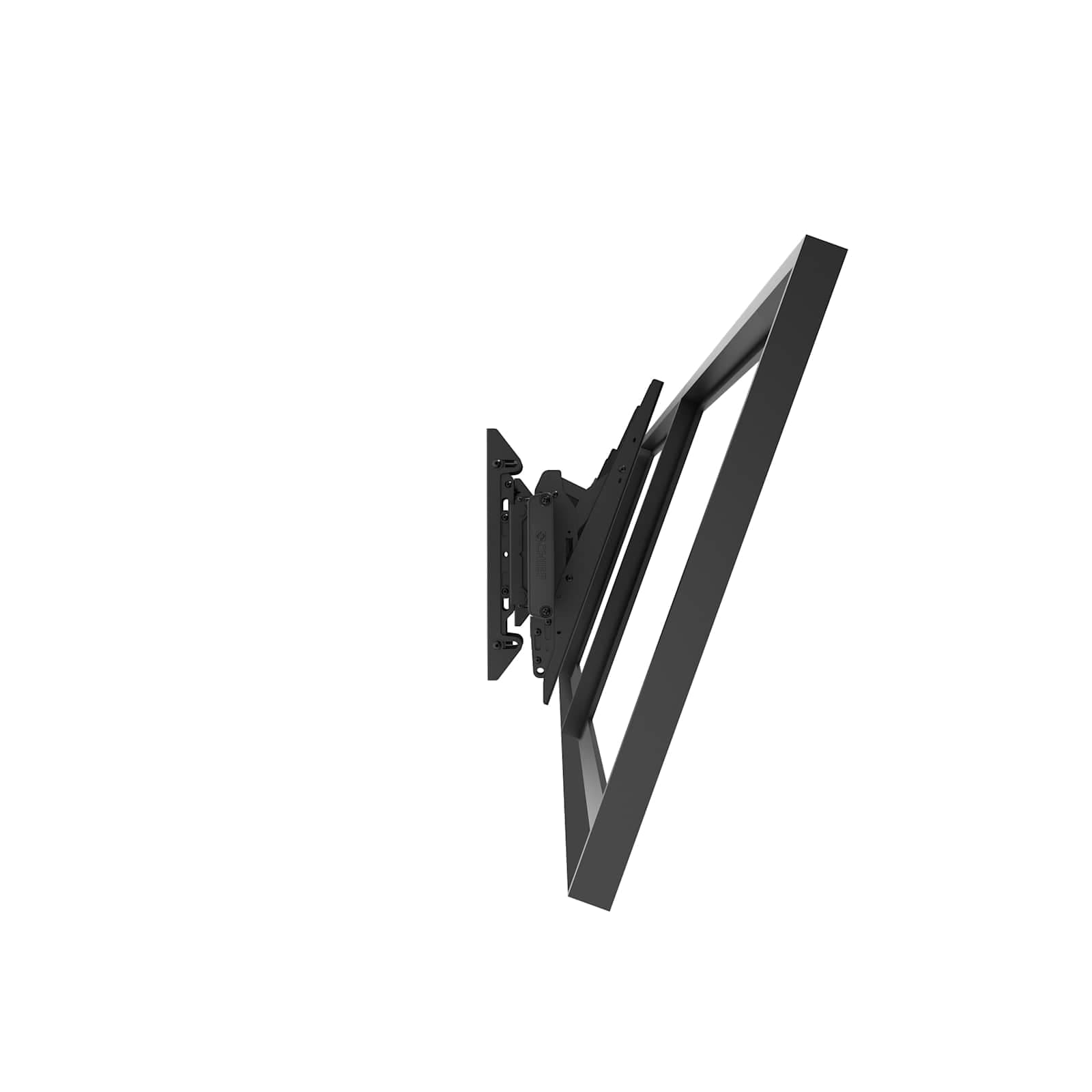 Side profile render of one display position on the Chief LWM4X1U Fusion wall menu board mount, showing the wall plate, the tilt mechanism carrying the Chief logo and a display tilted forward from the top; the other three positions in the 4x1 row are not shown in this view.