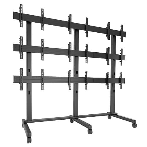 Chief LVM3X3U Fusion 3x3 landscape video wall cart in black, shown empty: three vertical columns carrying three rows of landscape screen rails on a rolling caster base.