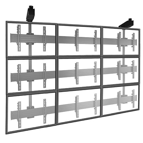 Chief LCM3X3U Fusion 3x3 ceiling-mounted video wall structure shown suspended with nine outlined landscape display positions and the screen interfaces visible behind them.
