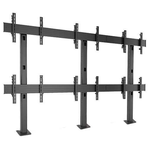 Chief LBM3X2U Fusion 3x2 landscape bolt-down video wall stand in black, shown empty, its columns ending in floor base plates.