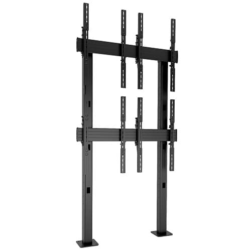 Chief LBM2X2UP Fusion 2x2 portrait bolt-down video wall stand in black, shown empty, with four tall portrait screen interfaces in two rows.