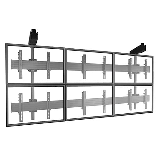 Chief LCM3X2U Fusion 3x2 ceiling-mounted video wall structure shown suspended with six outlined landscape display positions and the screen interfaces visible behind them.