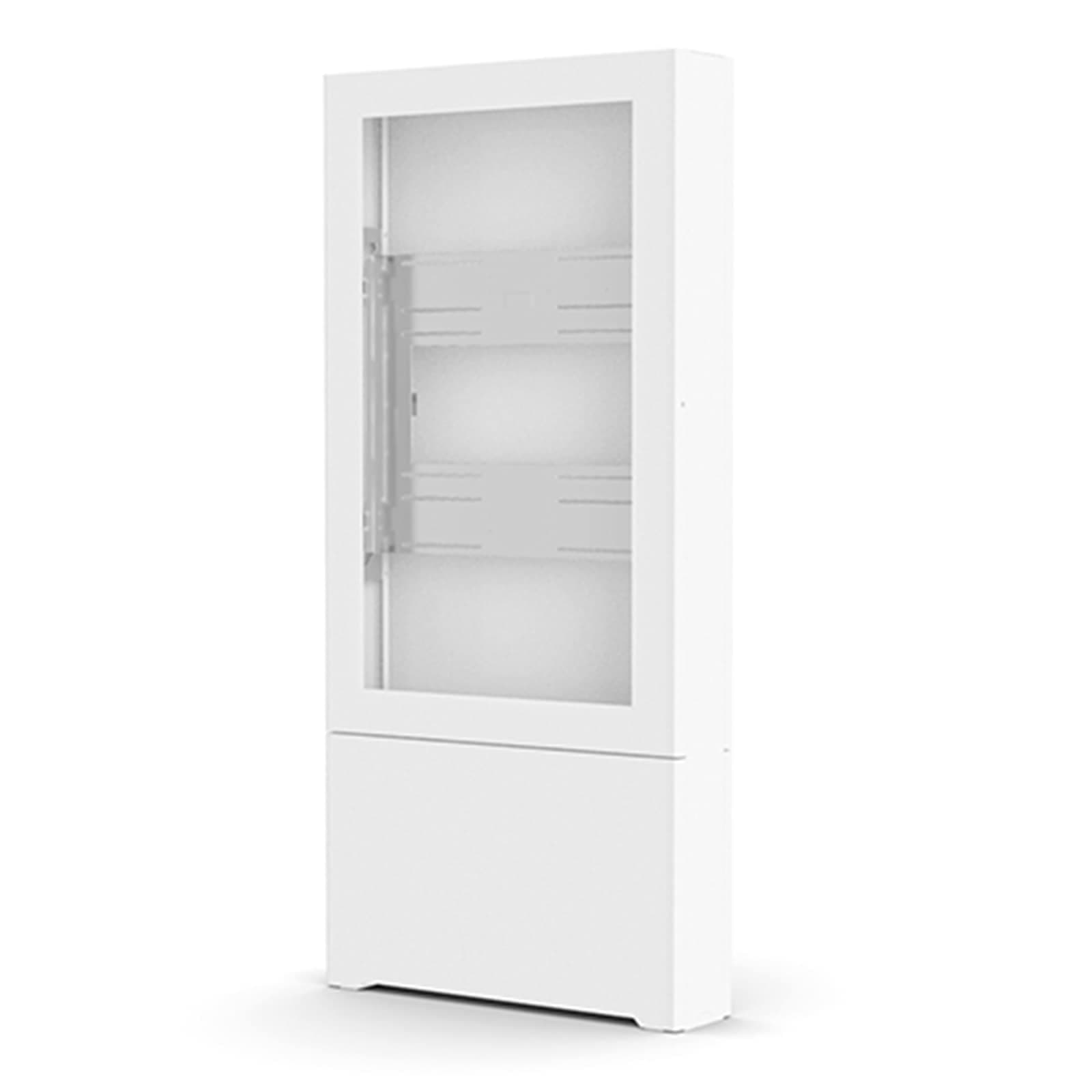 Chief Impact LF55UWP floor kiosk in white, front three-quarter view with the door closed and no display fitted, showing the internal mounting rails through the portrait aperture.
