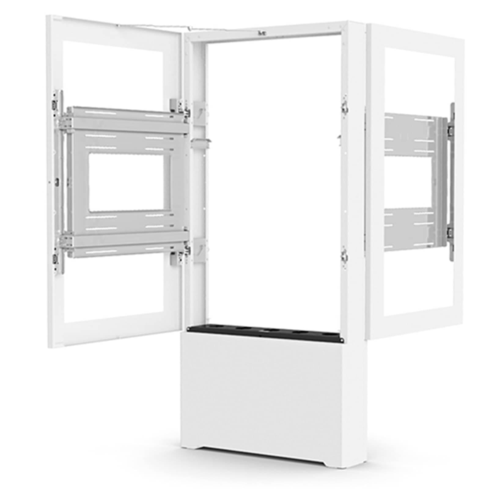Chief Impact LF55UWP-B2B back-to-back floor kiosk in white with both front doors open, showing a display mounting bracket on each face and the shared AV storage base between them.