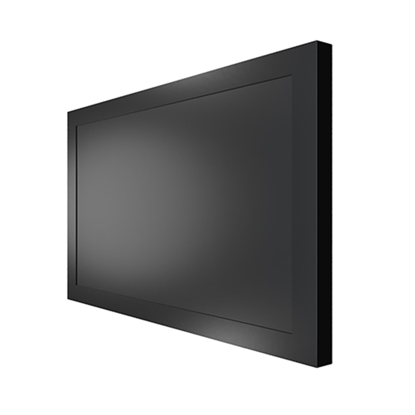 Chief Impact on-wall kiosk enclosure in black, closed, front three-quarter view. Series image — Chief publishes no separate photography for the 75-inch size, so the unit shown is the 55-inch model in the same range.