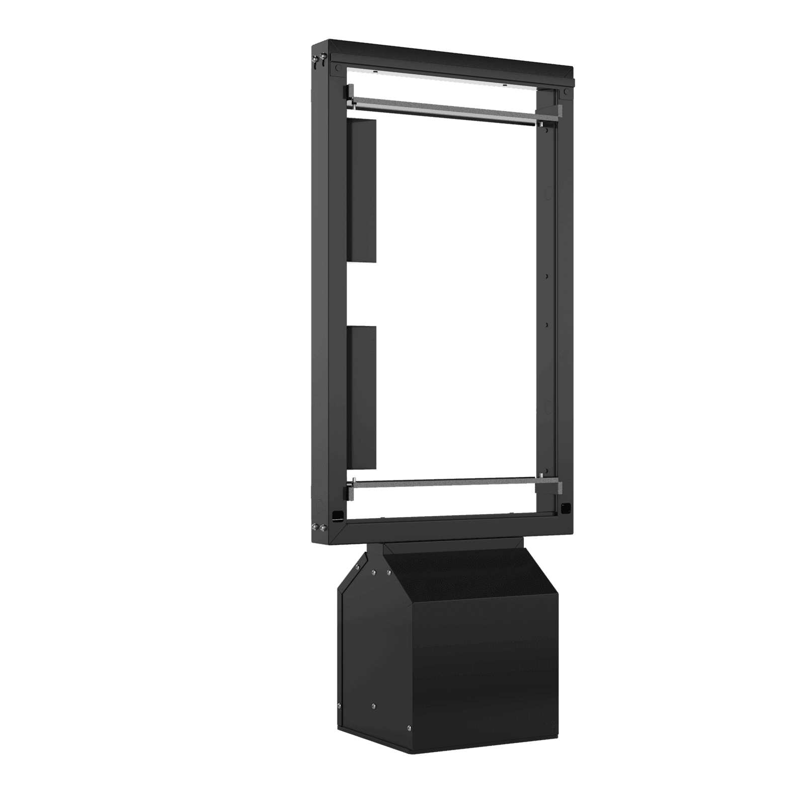 Chief Velocity ODMB1X1 single outdoor pedestal system in black, side three-quarter view with no display fitted, showing the open portrait frame on its pedestal base.