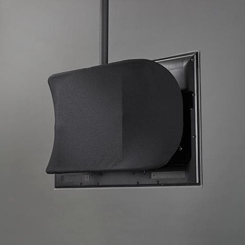 Chief FCAC1LB back cover fitted to a ceiling-hung display, seen from behind: the black fabric skin wraps over the mount and pole, leaving the display's edges and connector bay visible.