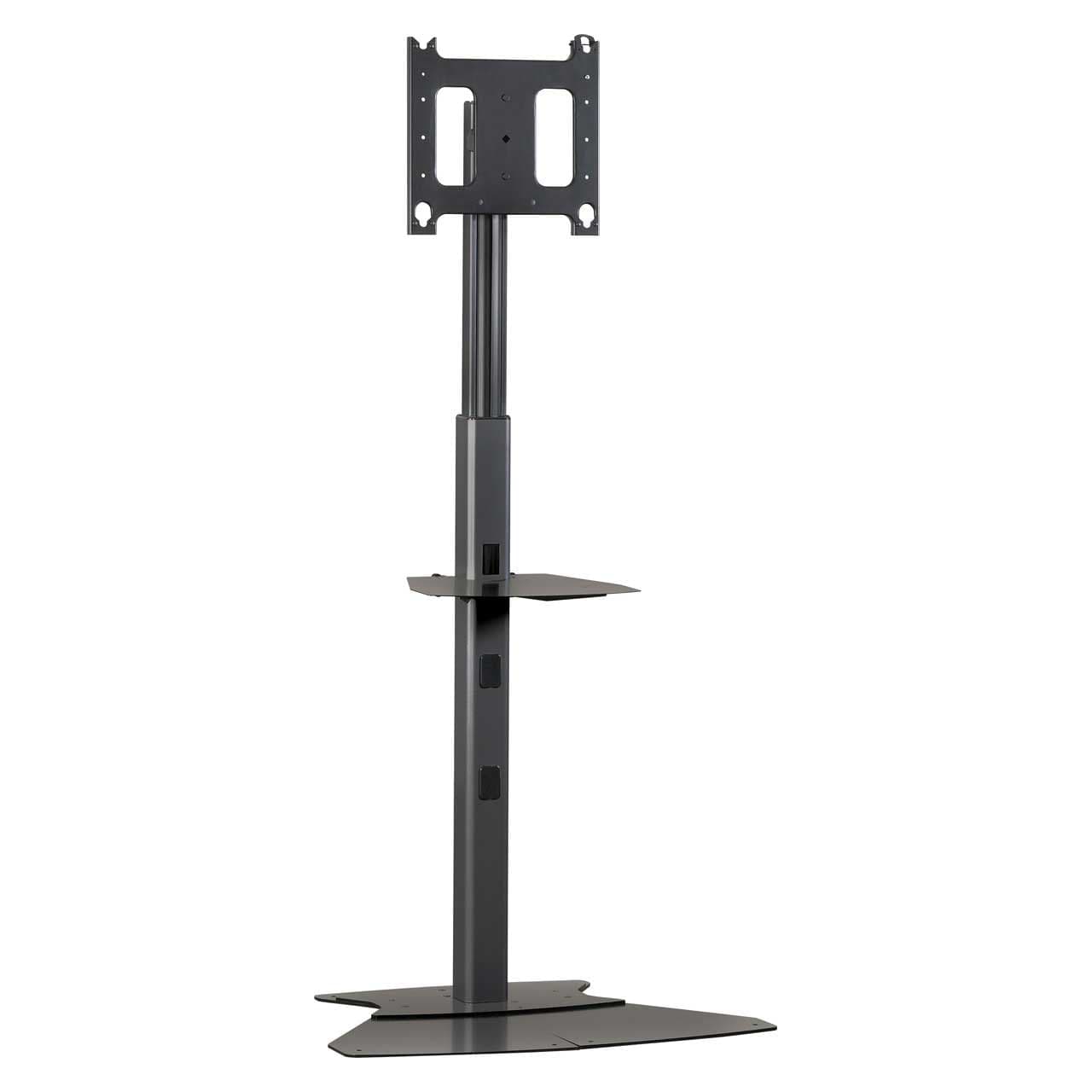Chief PF1UB large flat panel floor AV stand in black, front view showing the universal interface bracket at the top of the telescoping column, the accessory shelf part way down and the low-profile black floor base.