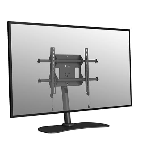 Chief LDS1U Fusion table stand in black, front three-quarter view with a ghosted display in place, showing the tilting interface, column and oval free-standing base.